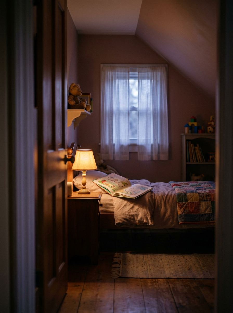 Cinematic editorial photo of a child's bedroom at night with warm lamplight on an open picture book.