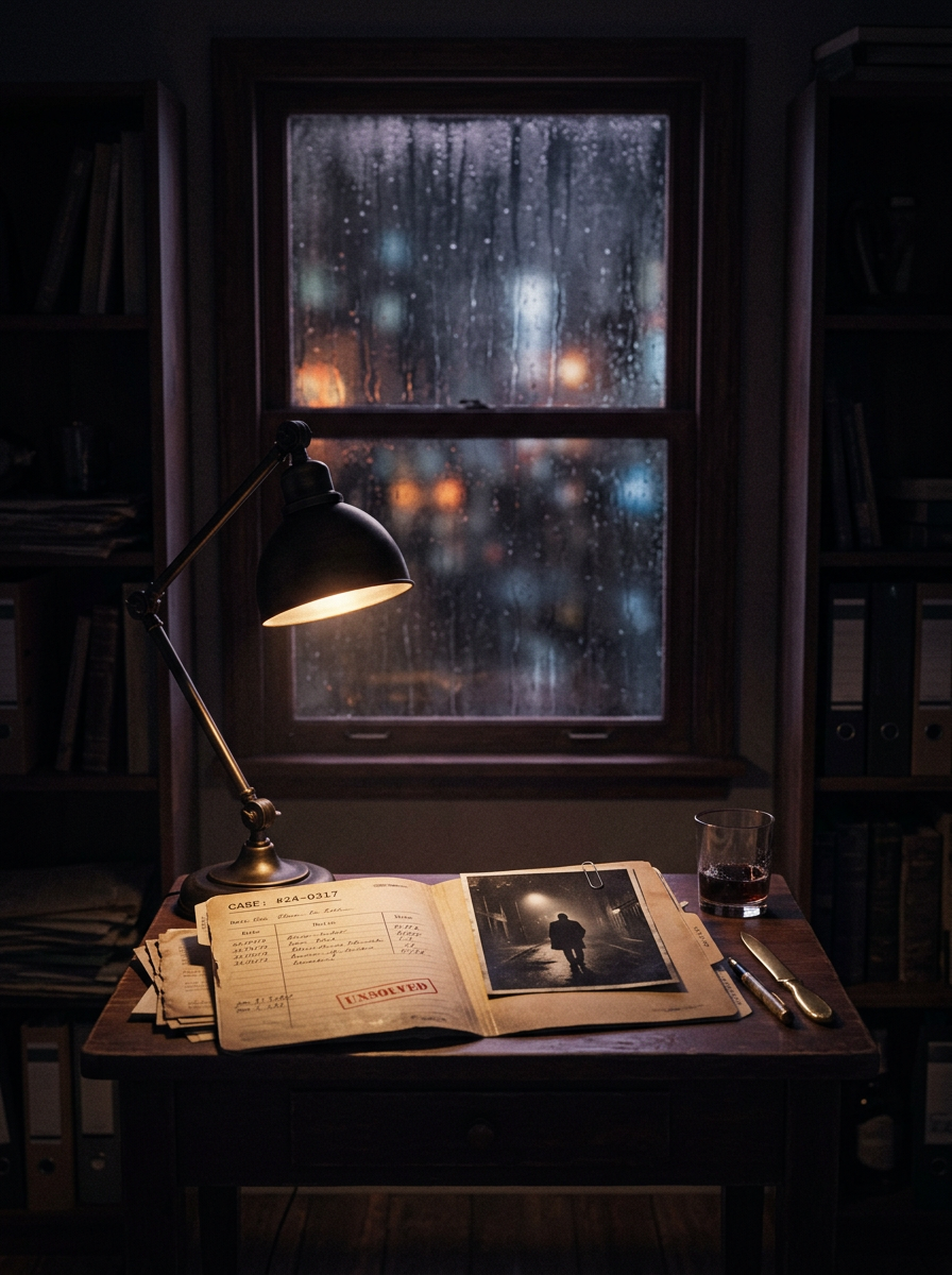 Cinematic editorial photo of a rain-streaked window, desk lamp and open case file at night.