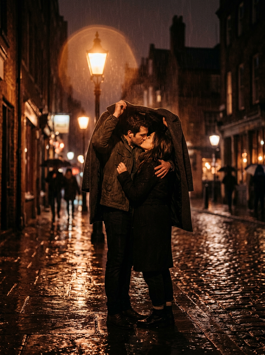 Cinematic editorial photo of a couple kissing under a coat on a rainy city street at night.
